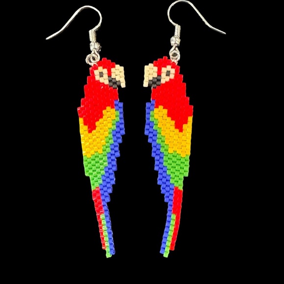 Hand Crafted Colorful Parrot Beaded Earrings - Picture 1 of 6